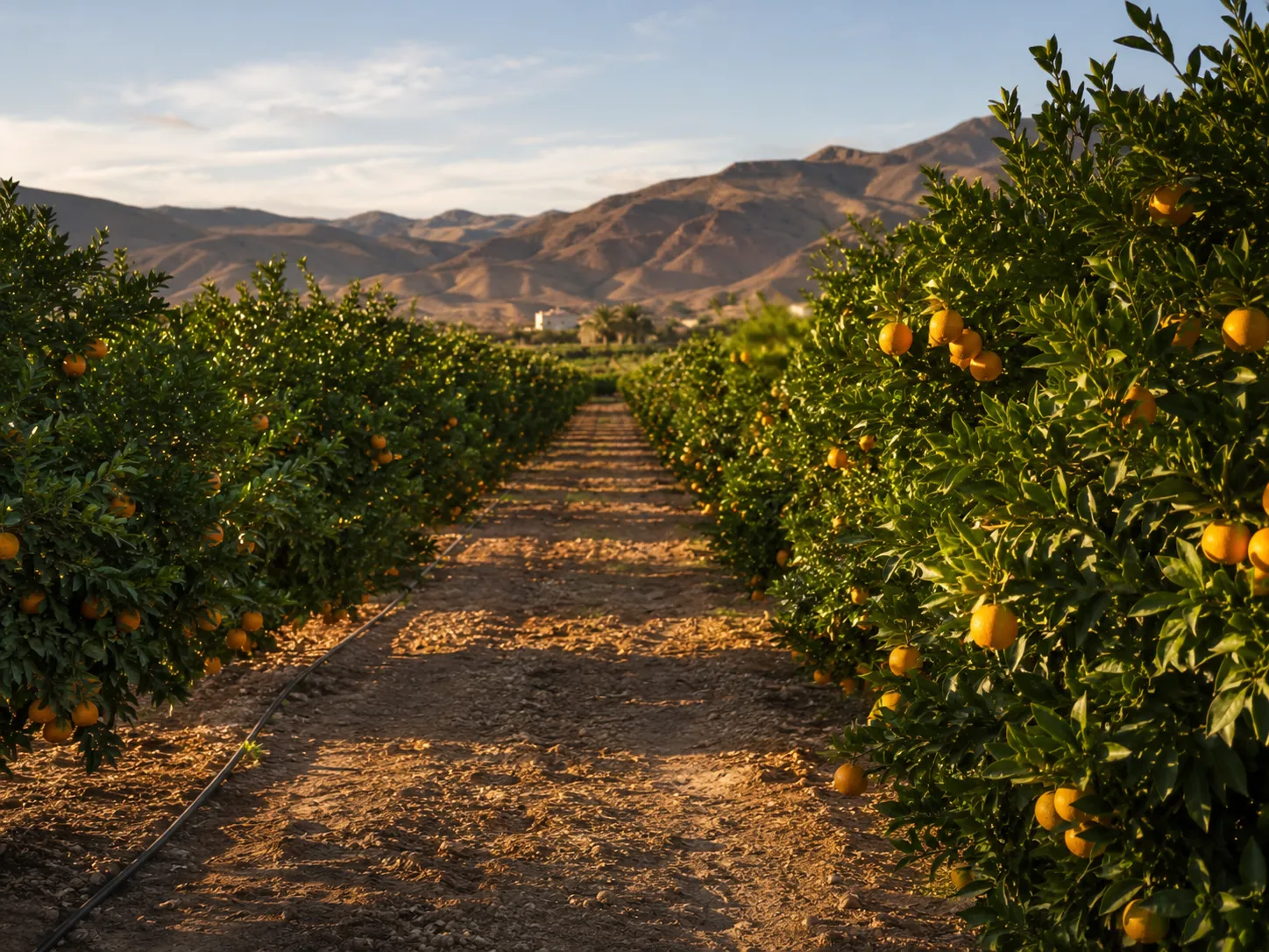Citrus orchard rows with fruit trees in Morocco